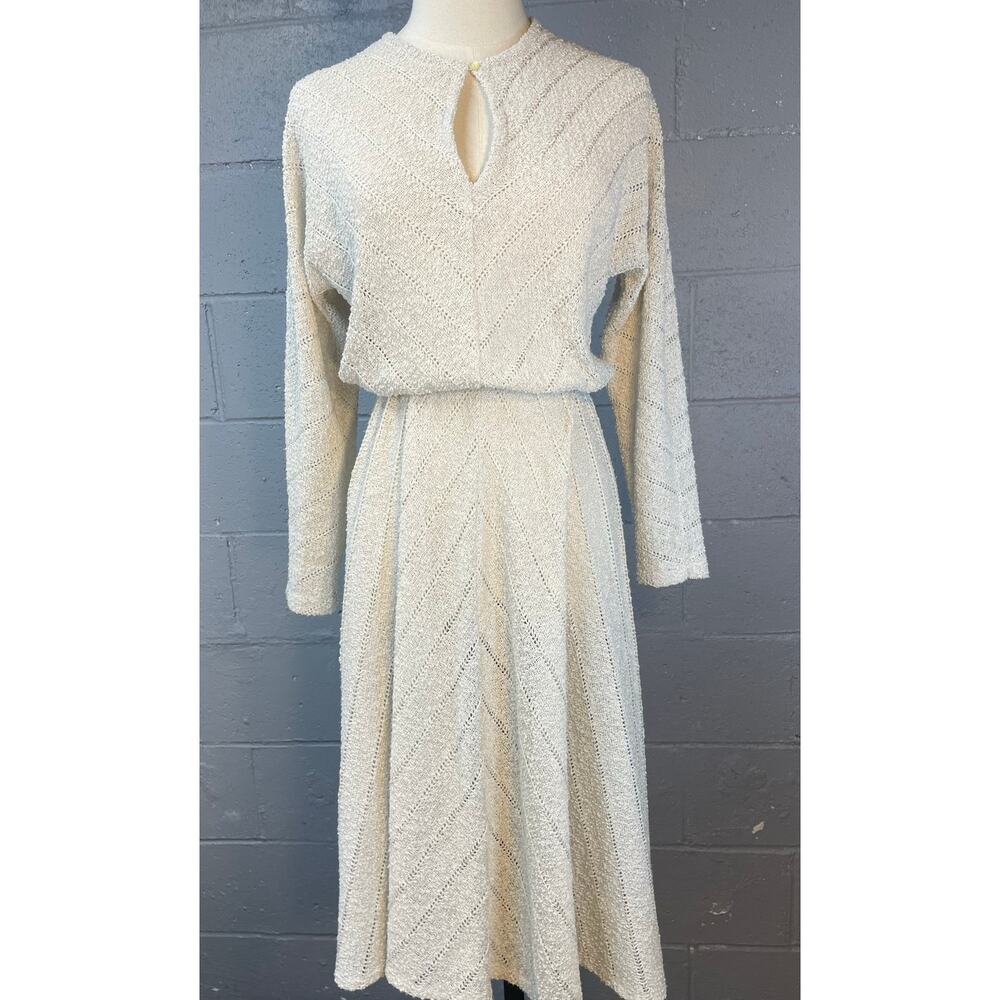 Vintage 1970s V Knit Cream Beige Ecru Dress Keyhole Neck Ronnie Heller Small